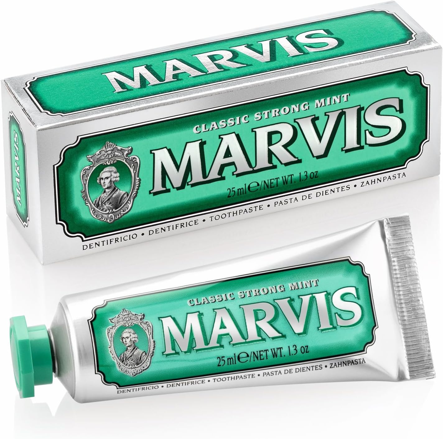 Marvis Classic Strong Mint Toothpaste front view of luxury travel size tube