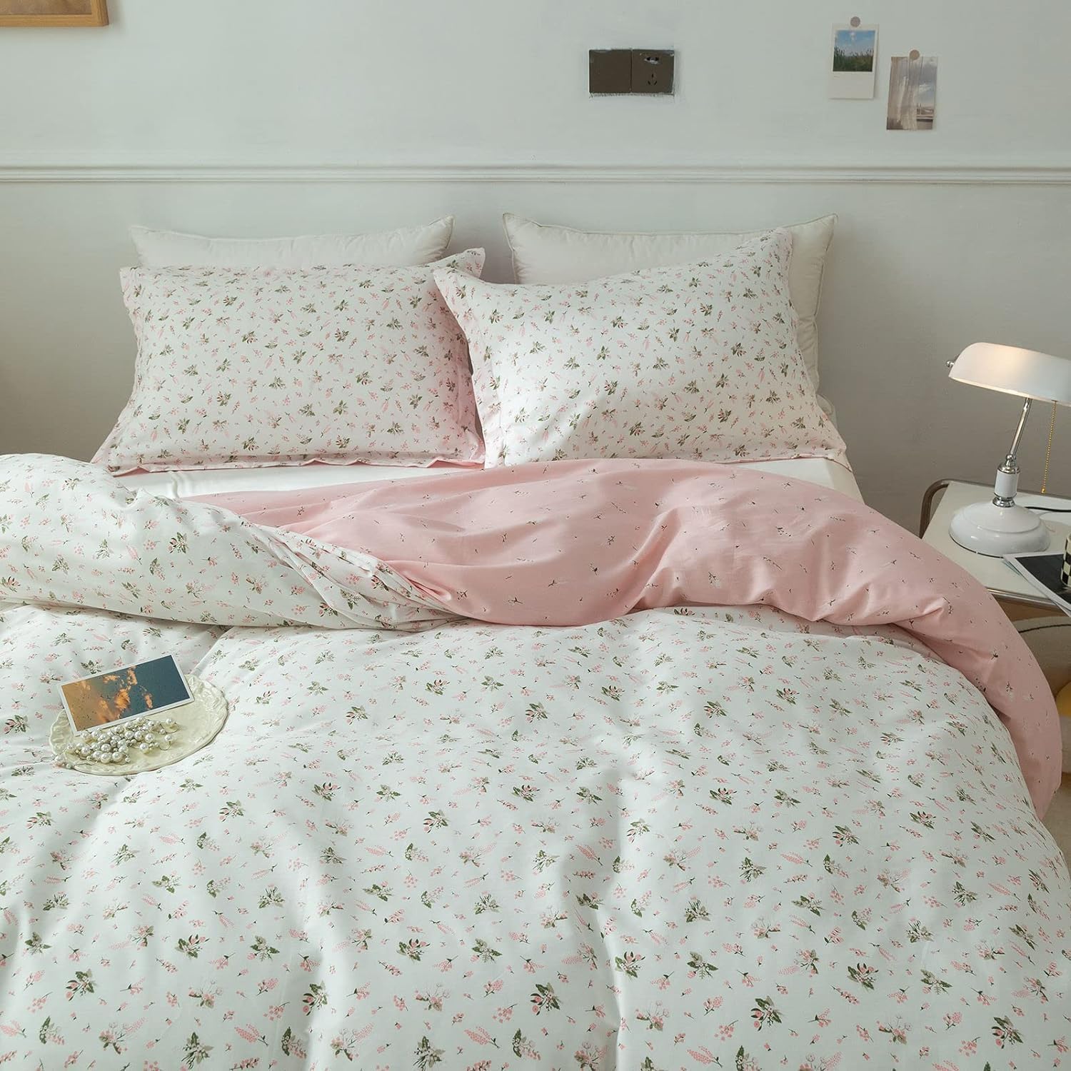 AMWAN pink floral duvet cover full size cotton bedding set front view