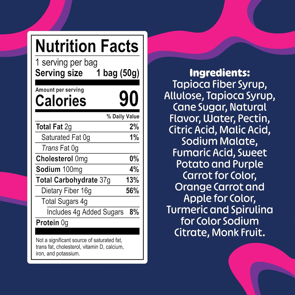 Blobs vegan low calorie sour gummies bag showing nutritional facts