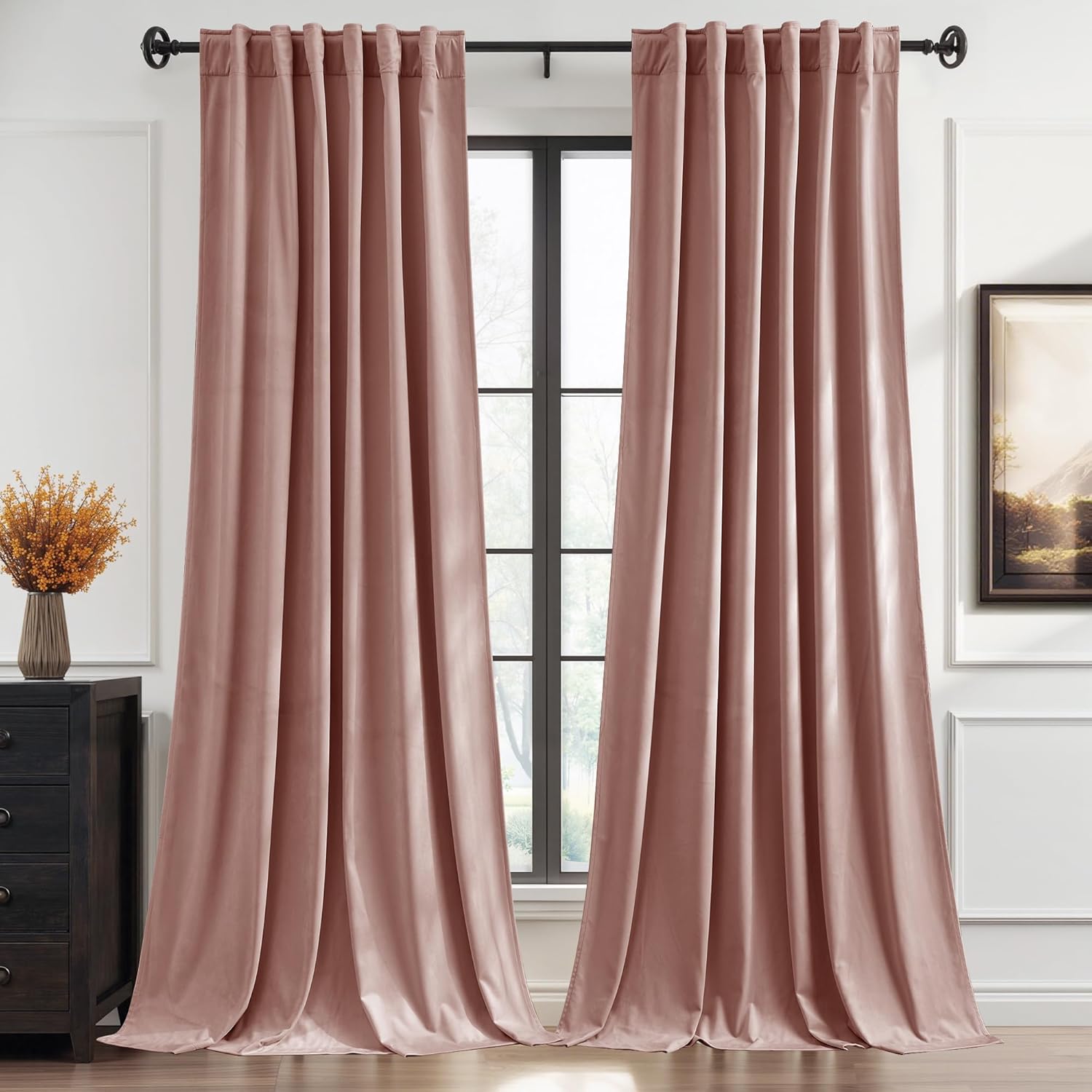 StangH dusty pink velvet curtains front view hanging in a girls bedroom