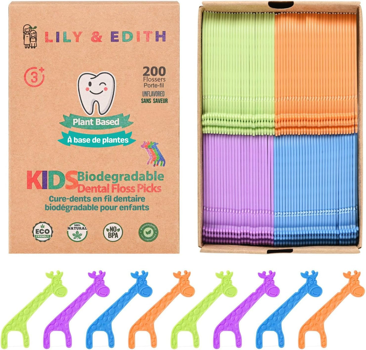 Lily and Edith Kids Biodegradable Dental Floss Picks front view of zero waste packaging box
