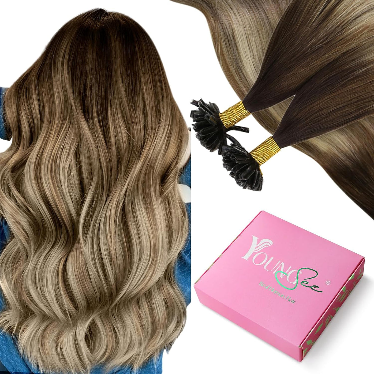 YoungSee balayage brown U tip hair extensions front view