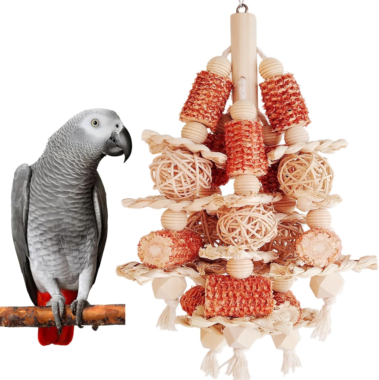 Kencunay natural corn stick parrot toy front view inside cage