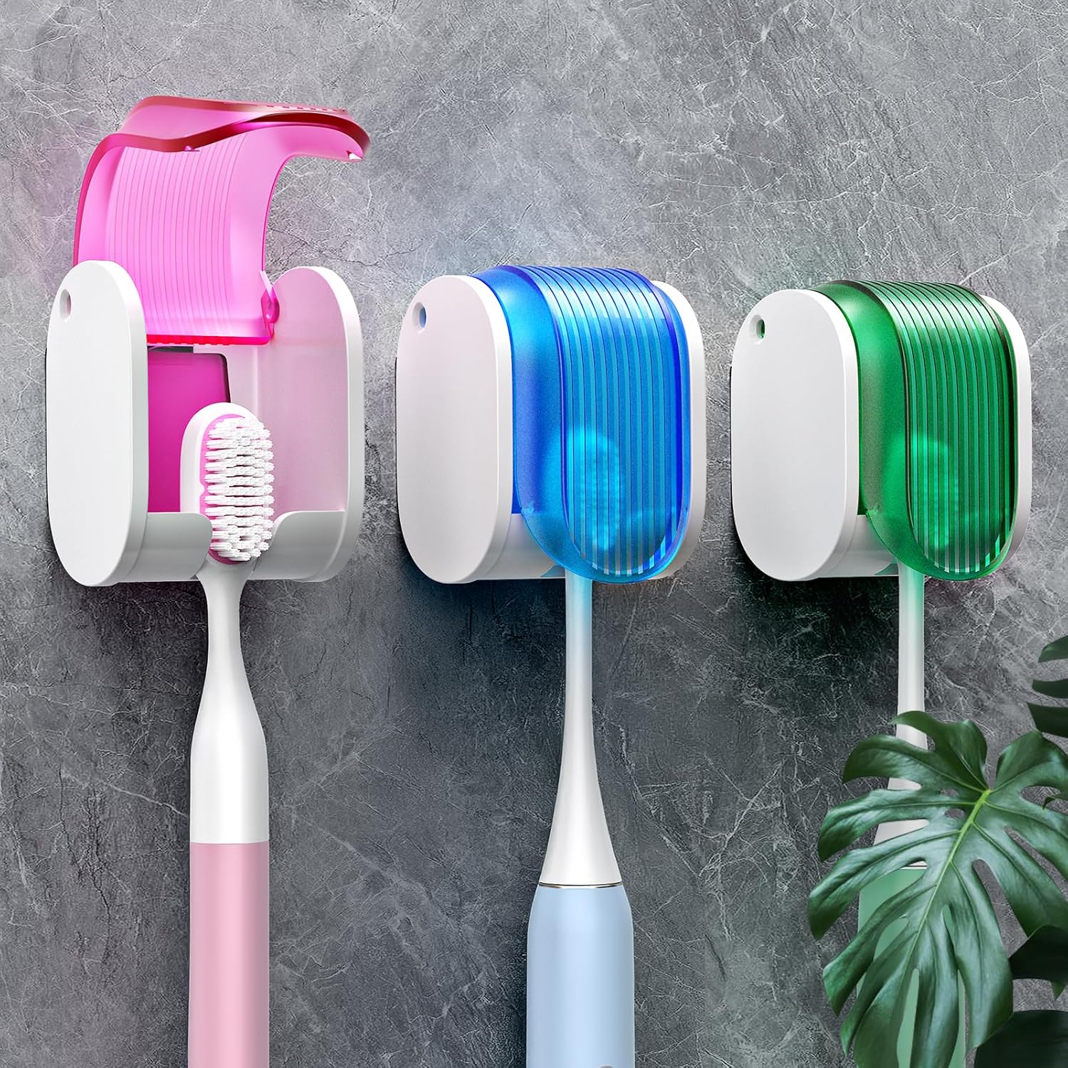 EKOTTOK single slot toothbrush holder 3-piece set front view showing pink blue and green colors