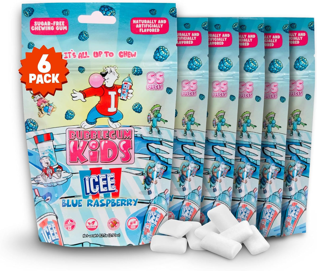 ICEE Blue Raspberry Sugar Free Gum by Bubblegum Kids | Sugarless Gum with Xylitol | Vegan, Peanut Free, Low Calorie Candy Alternative for Kids & Adults | Resealable Bag, 55 Pieces Per Pack, 1 Pack - Image 9