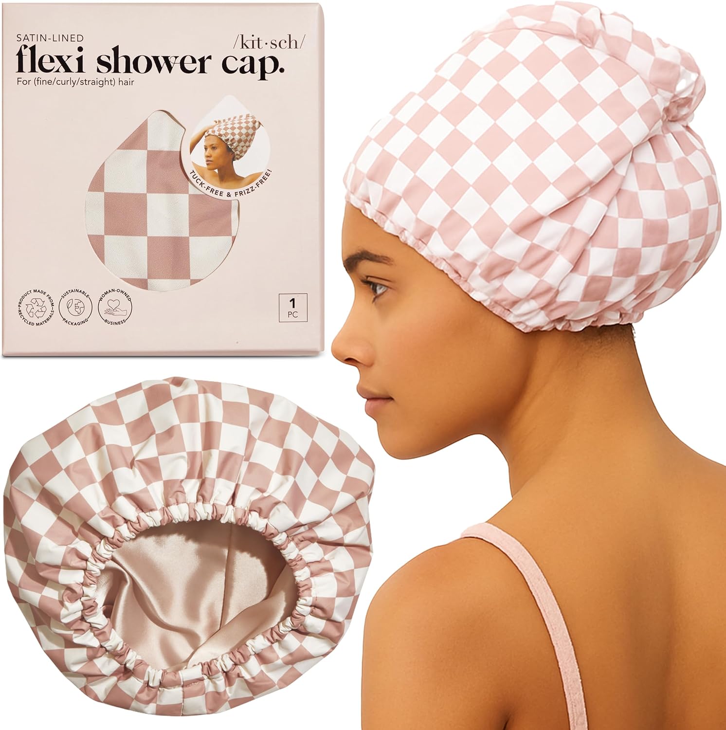 Kitsch luxury shower cap terracotta checker front view