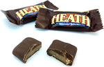 Close up of a Heath miniature bar showcasing the rich milk chocolate coating and crunchy toffee center.