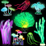 Frienda glowing fish tank decorations front view featuring pink and yellow glowing artificial coral plants