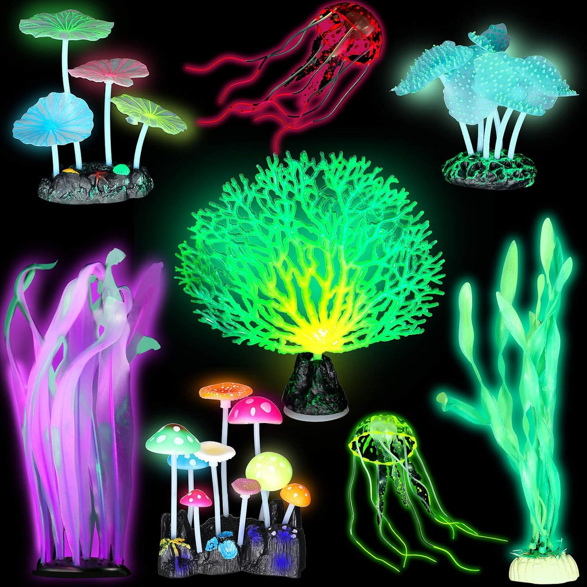 Frienda glowing fish tank decorations front view featuring pink and yellow glowing artificial coral plants