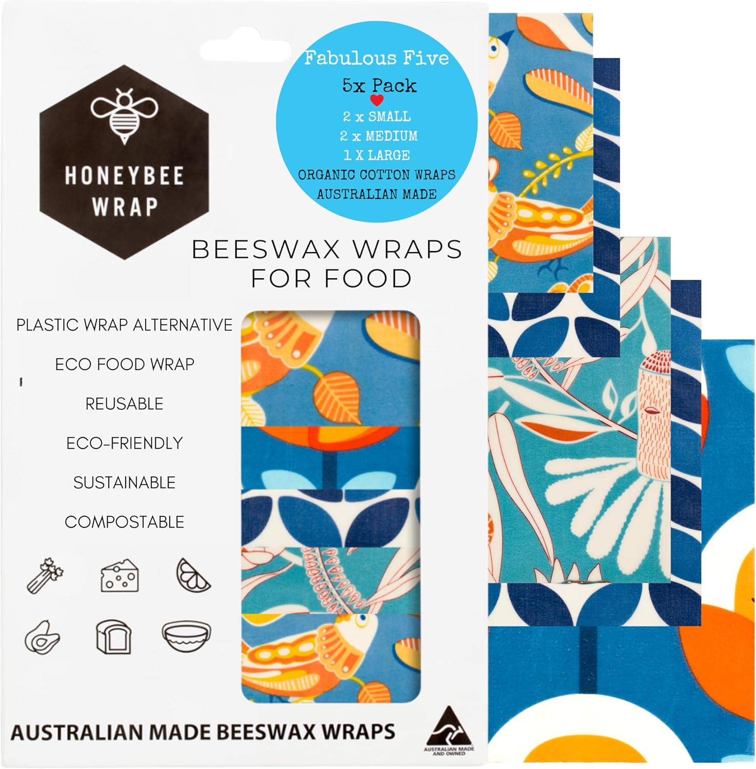 Honeybee Reusable Beeswax Wraps 5 Pack front view eco friendly food storage