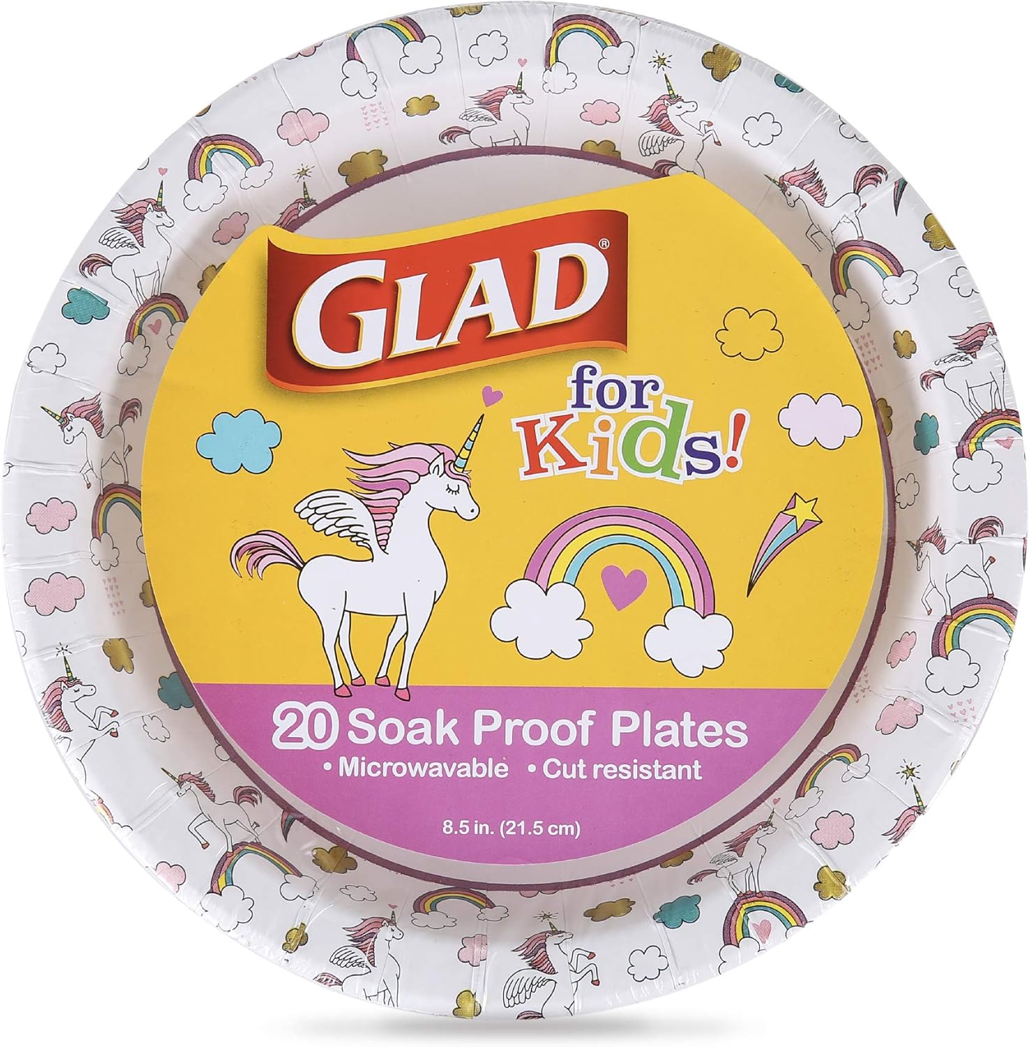 Glad For Kids Unicorn Paper Plates 20 count pack front view for kids party supplies.