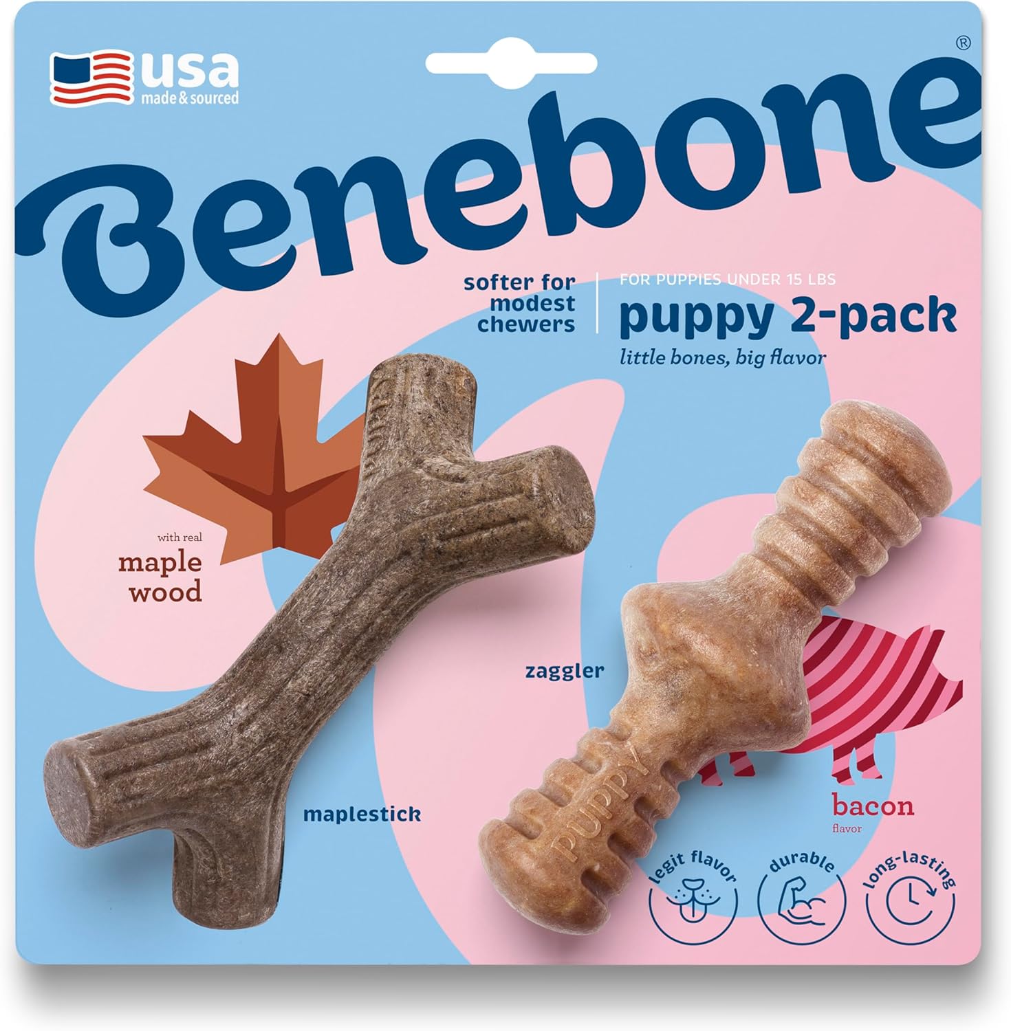 Benebone Puppy Maplestick and Zaggler dog chew toys front view showing the textured nylon surface