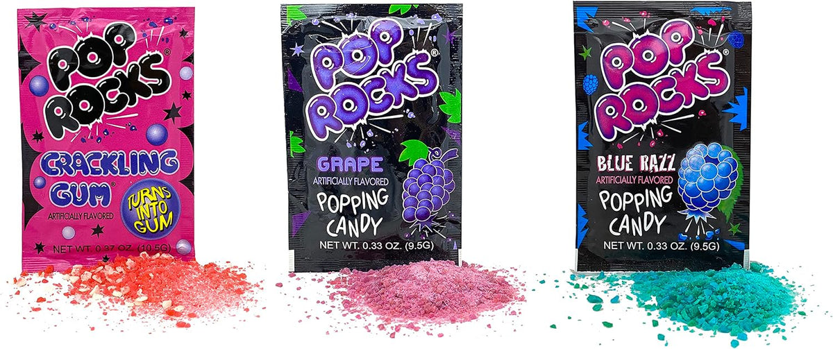 Nine different fruit flavors of Pop Rocks candy