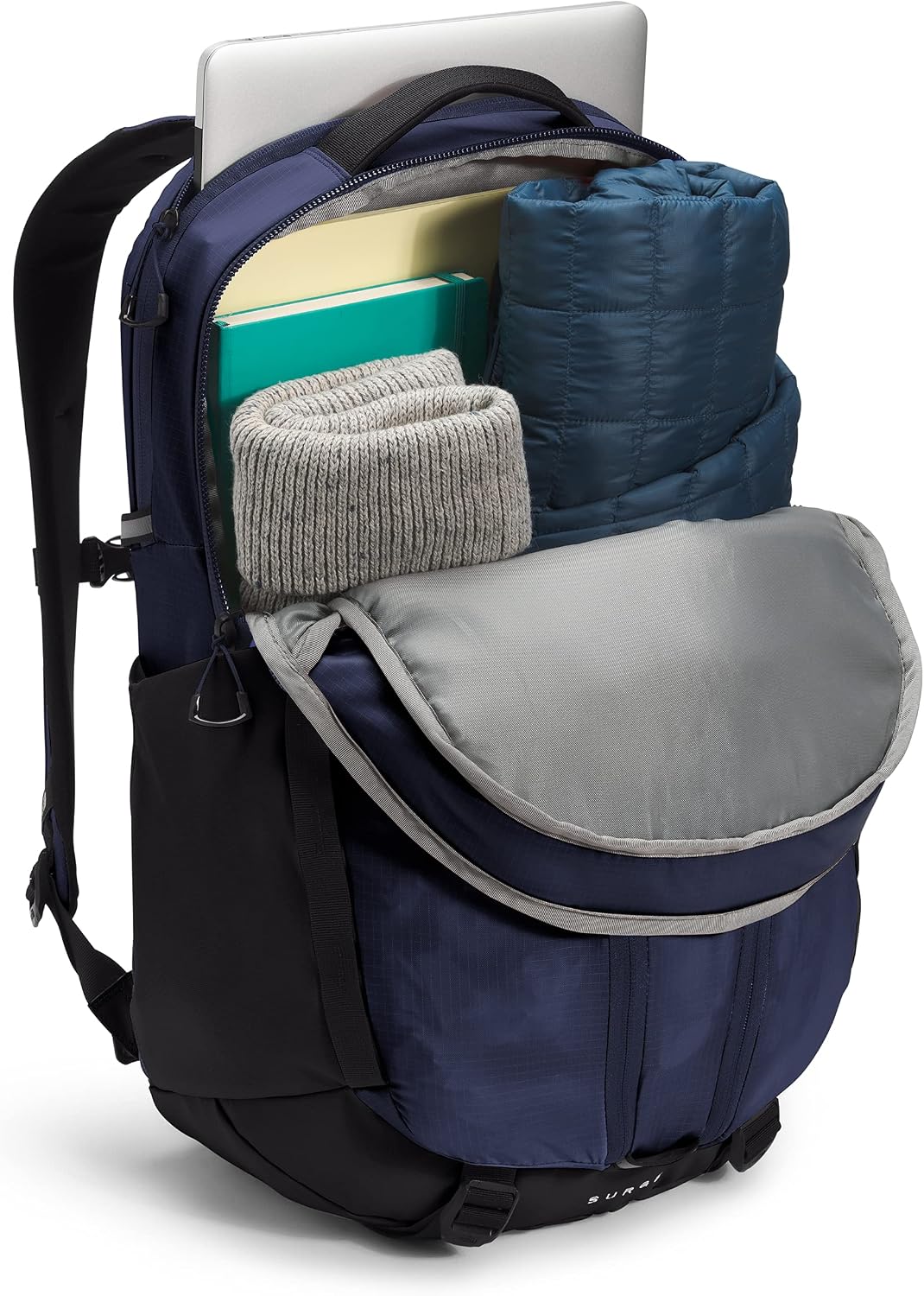 The North Face Surge commuter backpack dedicated laptop sleeve detail