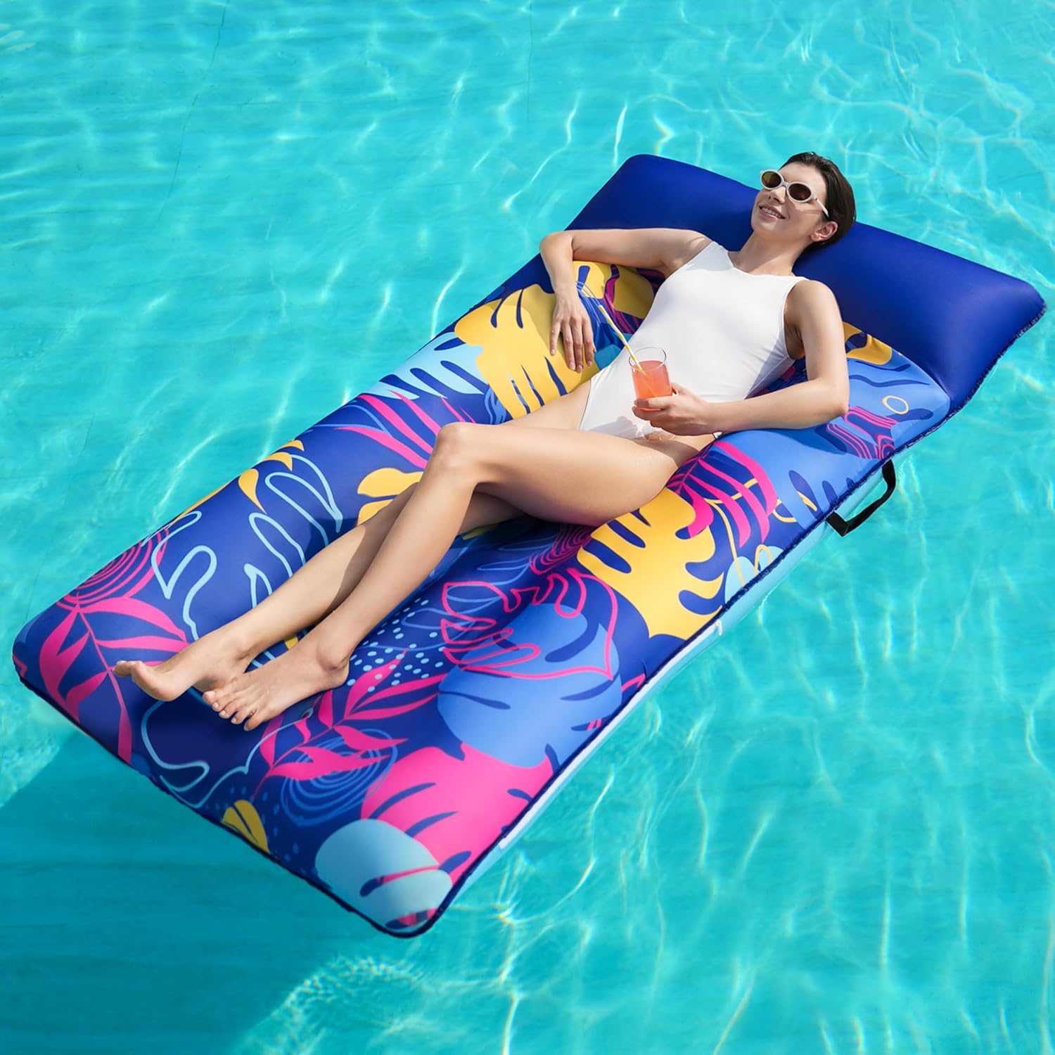 Sloosh inflatable pool floats raft blue front view floating on clean water
