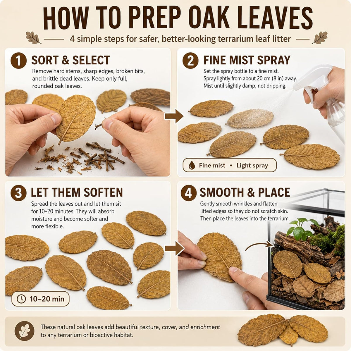 Untreated premium reptile leaf litter substrate showing texture of dried leaves
