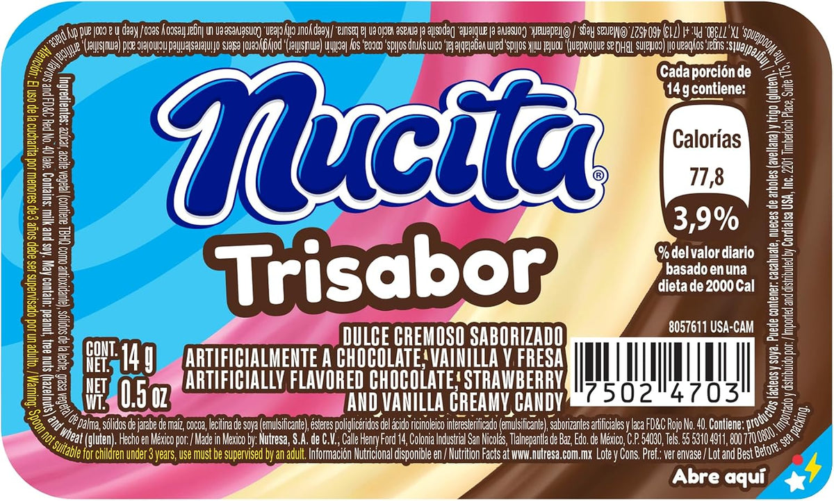 Close up of Nucita Trisabor creamy candy showing the included mini plastic spoon
