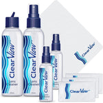 Clear View lens cleaner kit front view showing spray bottles and microfiber cloths