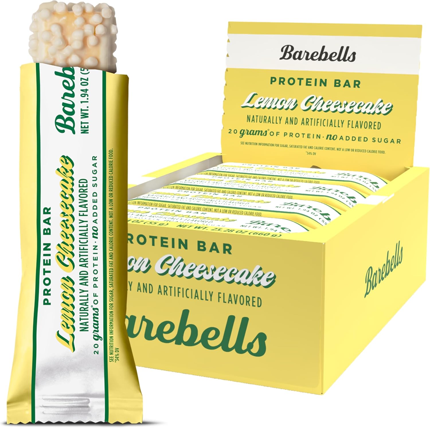 Barebells Lemon Cheesecake protein bar front packaging showing nutritional information.