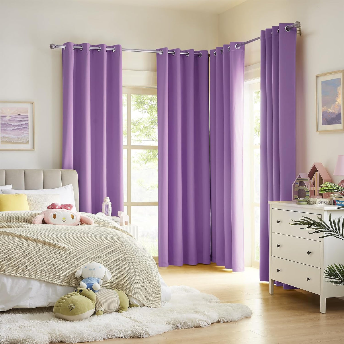 DUALIFE purple bedroom curtains hanging on window rod
