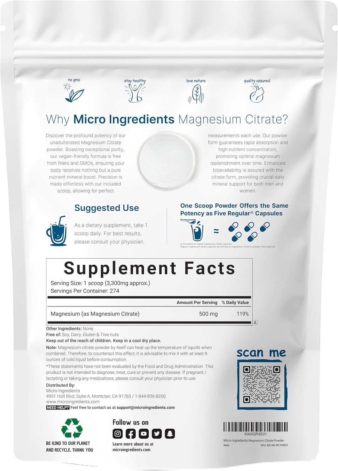 Micro Ingredients magnesium citrate powder nutrition facts label