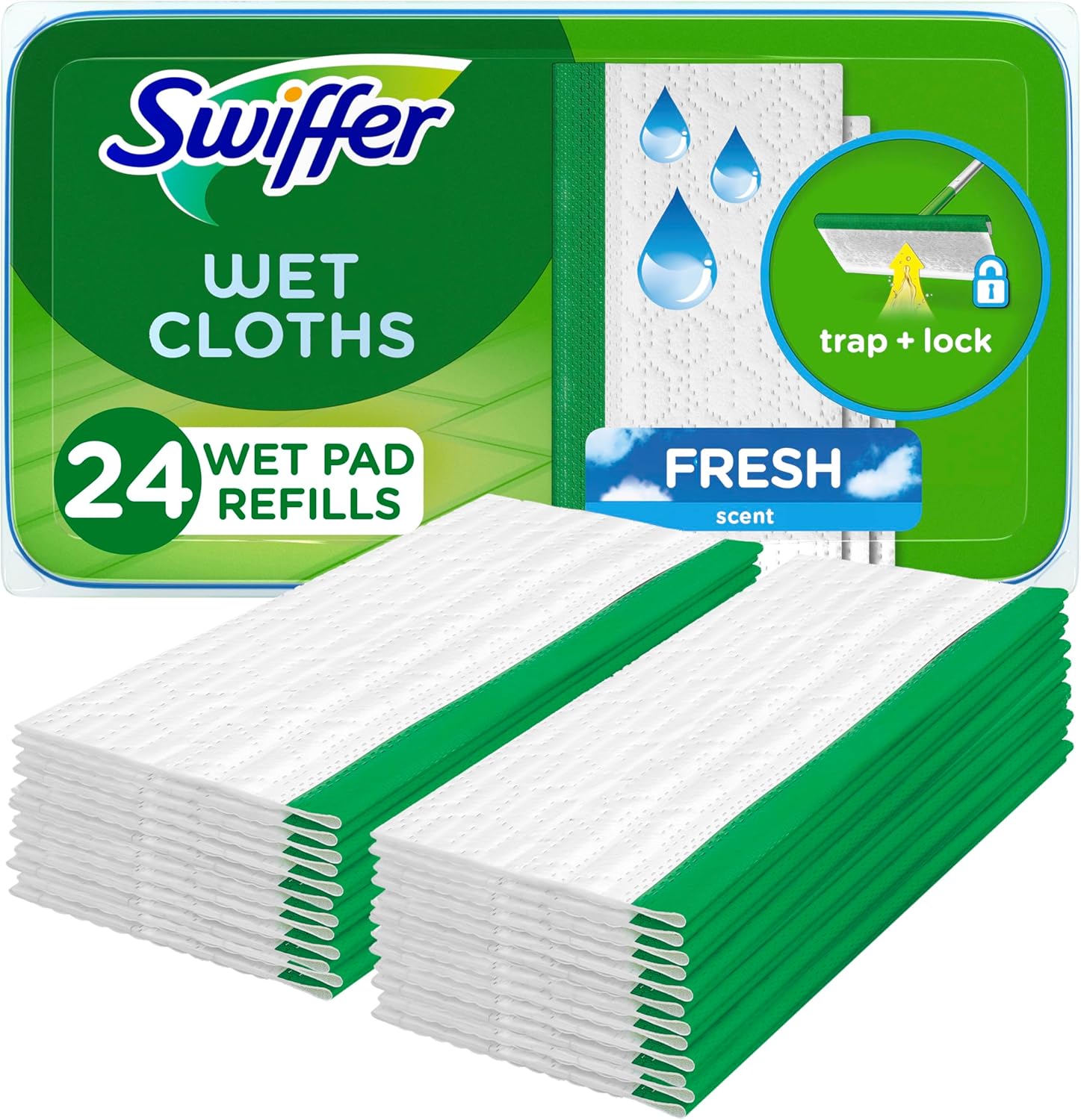 Swiffer Sweeper wet mopping cloths 24 count front package view for floor cleaning