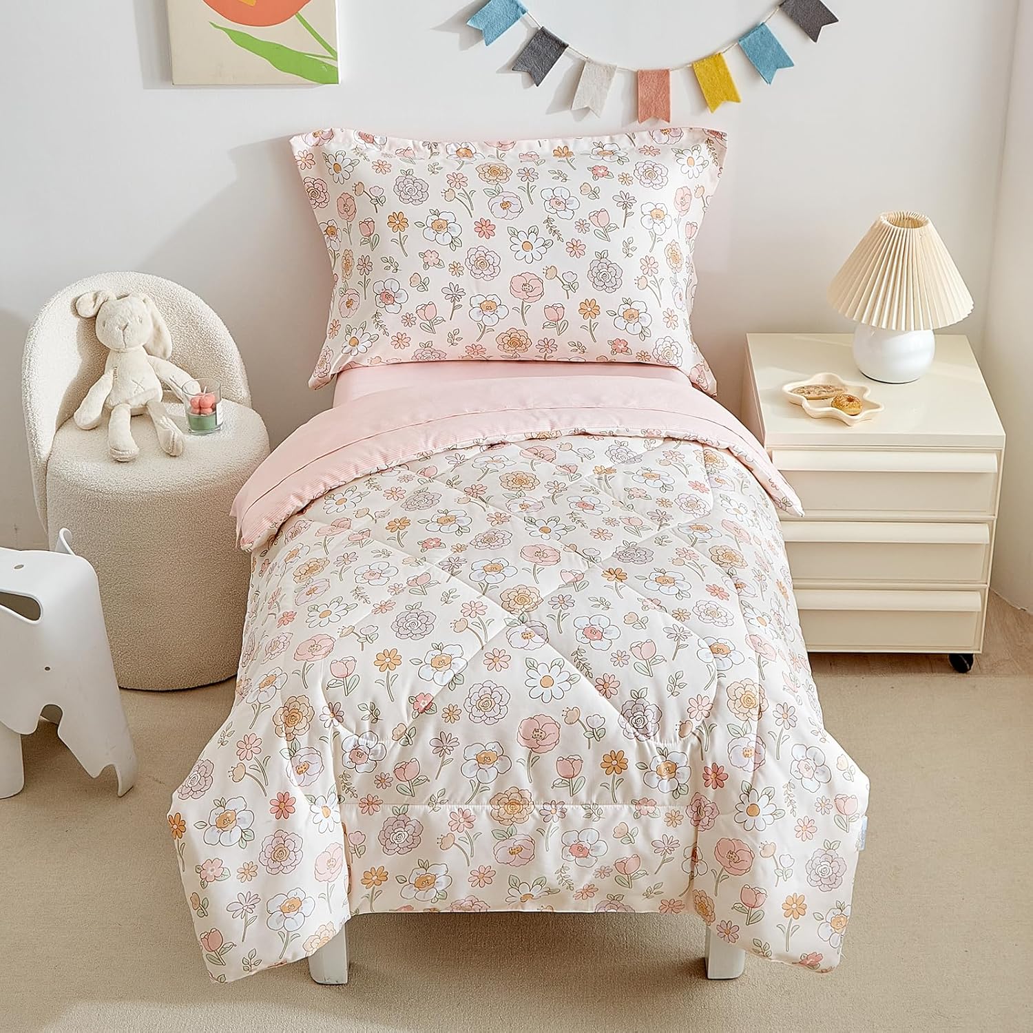 DuShow Floral 4 Piece Girls Toddler Bed Comforter Set front view displaying the pink flower print pattern.