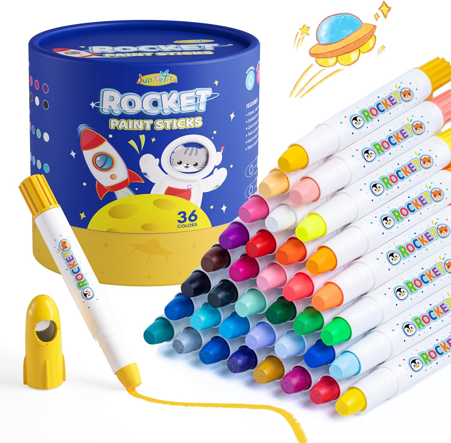 Jupitearth 36 Colors Rocket Tempera Paint Sticks front view packaging