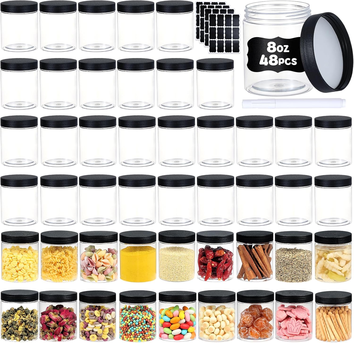 Sietpoek 48 piece 8 Ounce plastic jars set with black lids front view