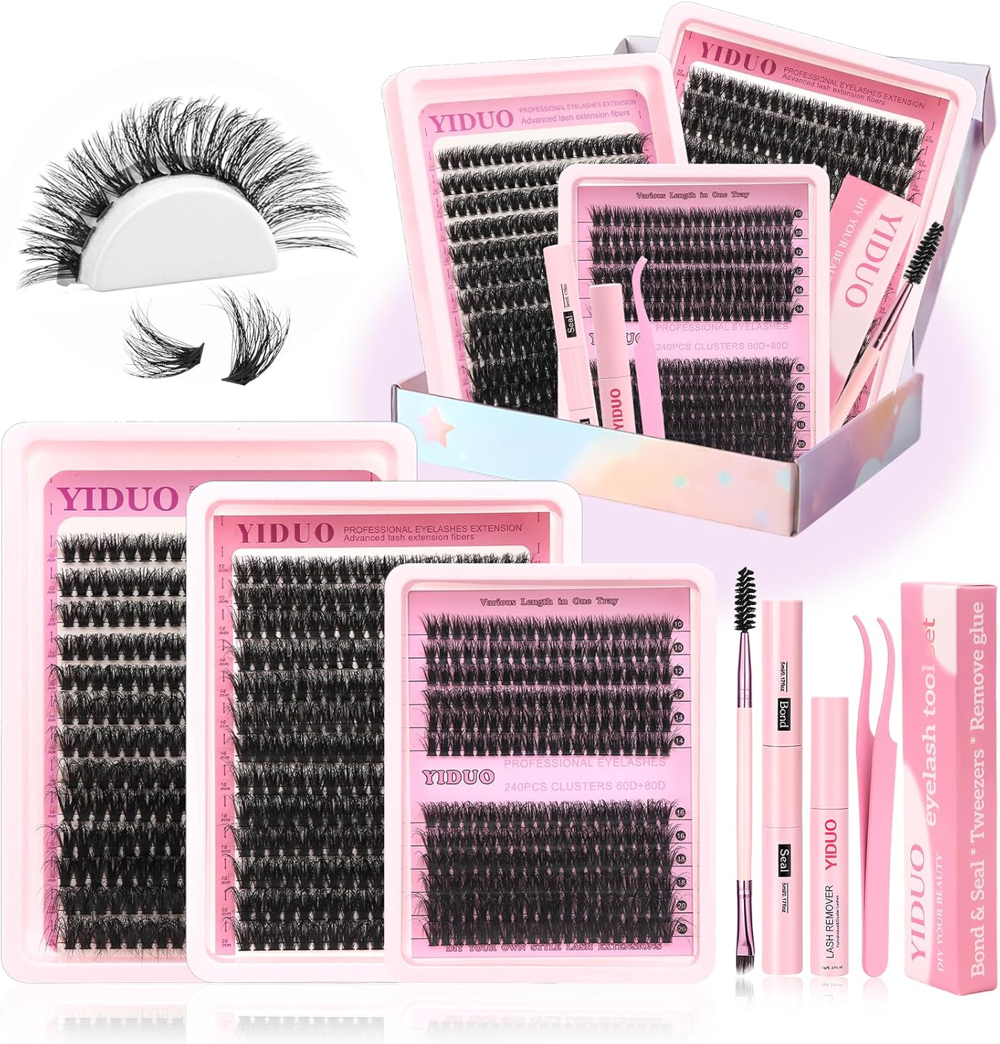 YIDUO DIY lash clusters extension kit front box view displaying faux mink individual lashes