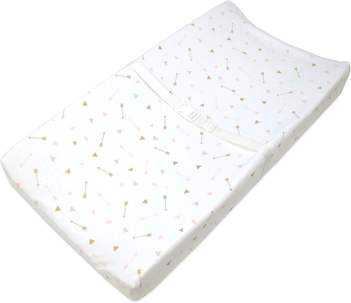 TL Care changing table pad cover front view showing sparkle gold and pink arrows design.