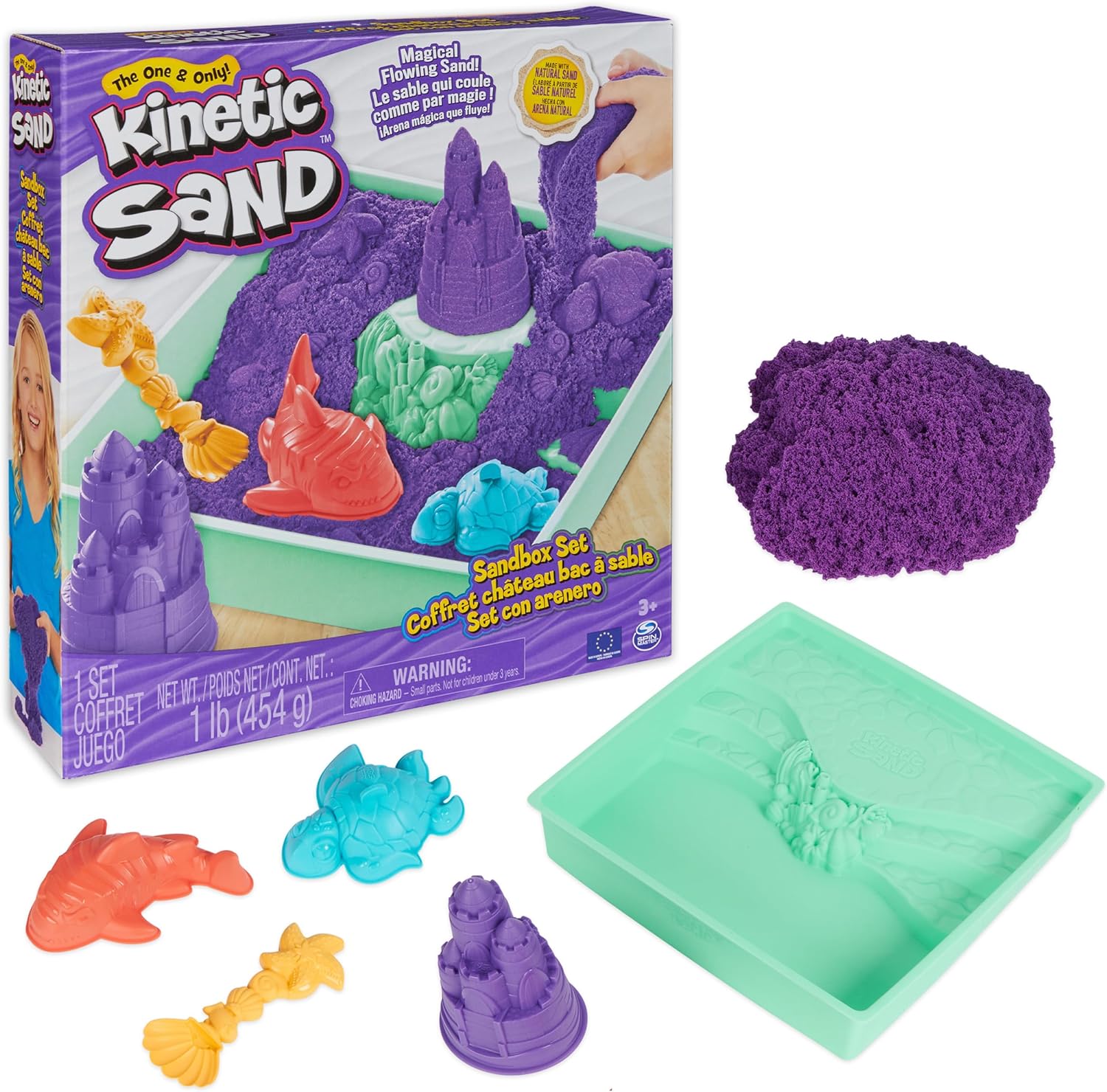 Kinetic Sand Sandbox Set Purple front view showing packaging with purple moldable sand and toy molds