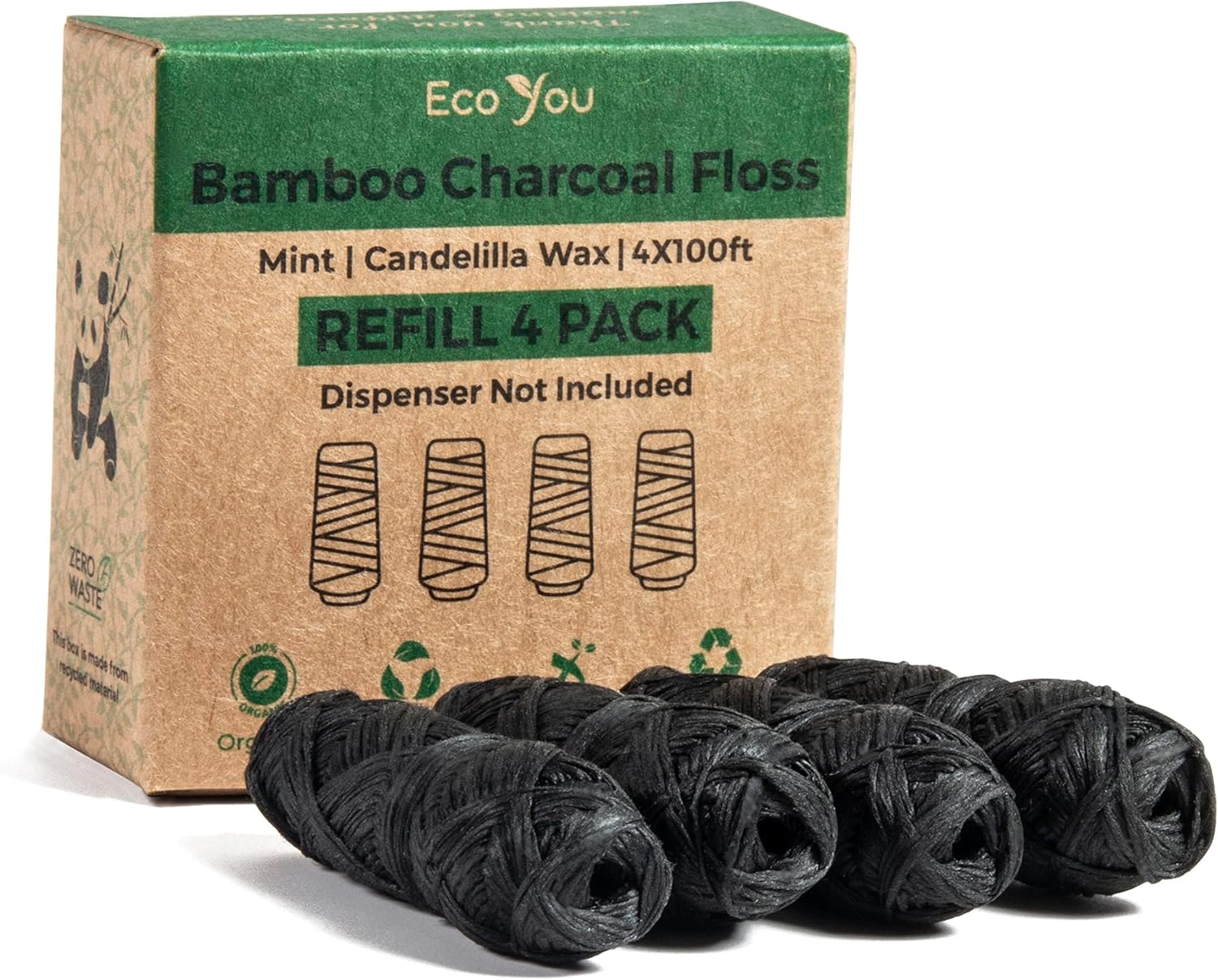 Bamboo Charcoal Dental Floss | Mint & Candelilla Wax | Vegan & Biodegradable (4 Refills Pack) | Pfas Free - Image 1