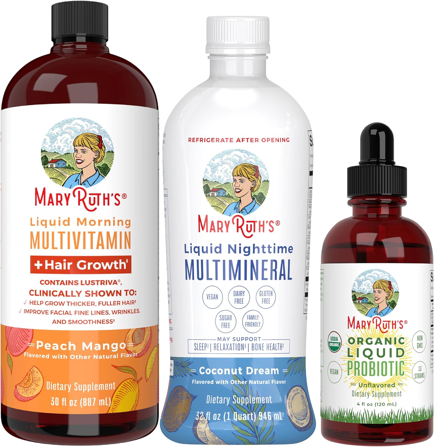 MaryRuths Morning Multivitamin Nighttime Multimineral Probiotic trio bundle front view imported beauty supplement