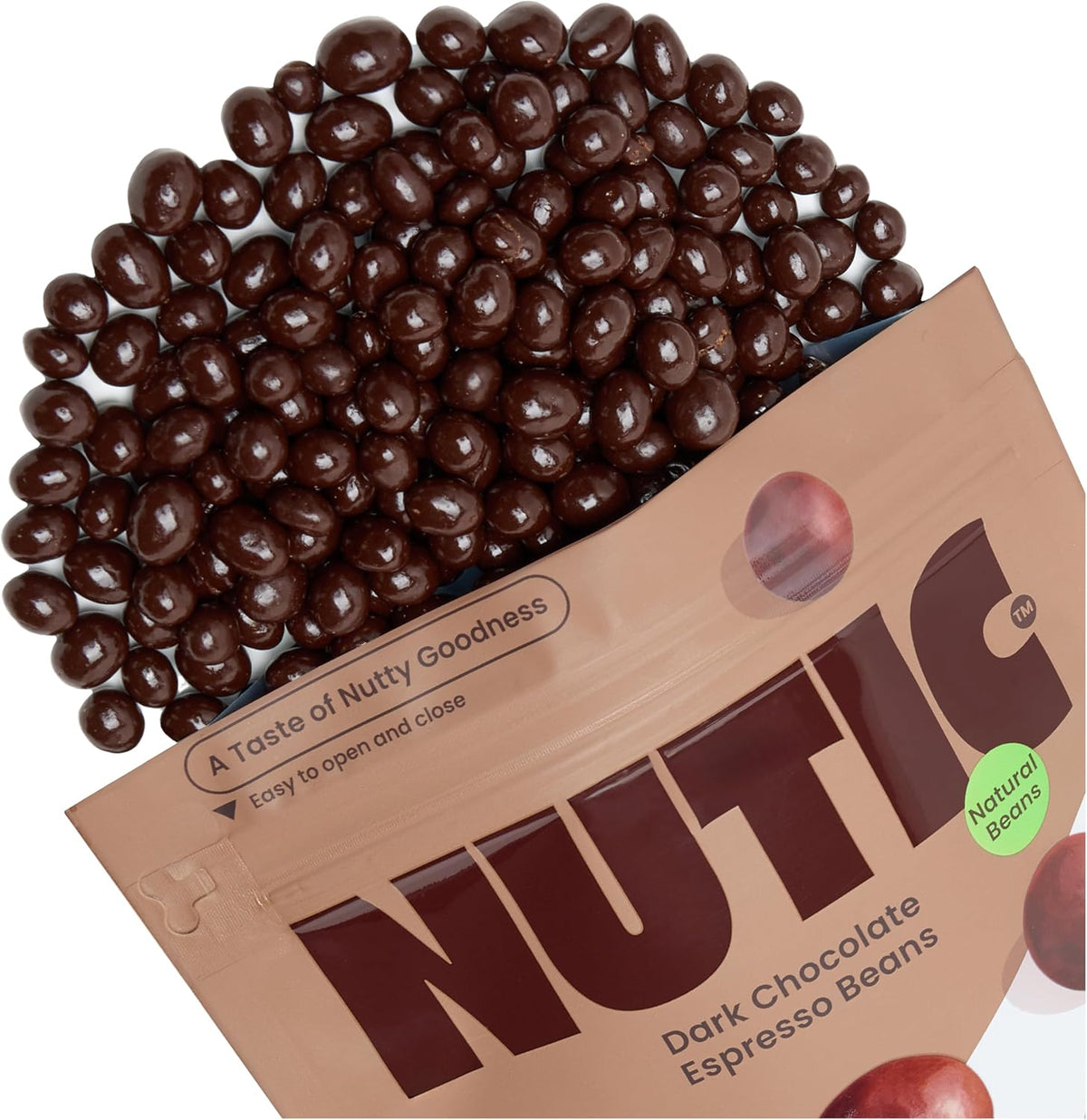 Nutic Gourmet Dark Chocolate Covered Espresso Beans front view of premium packaging.