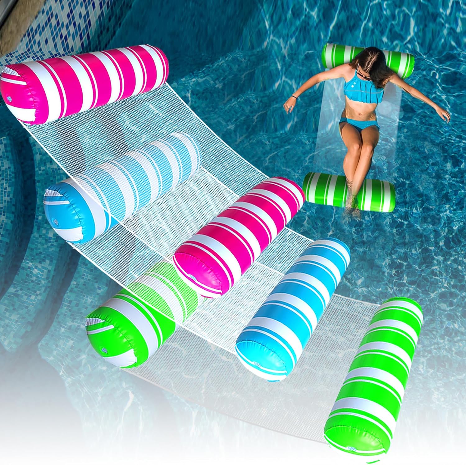 ANNIL 3 pack inflatable pool floats adult size water hammock front view displaying blue green and pink striped loungers.
