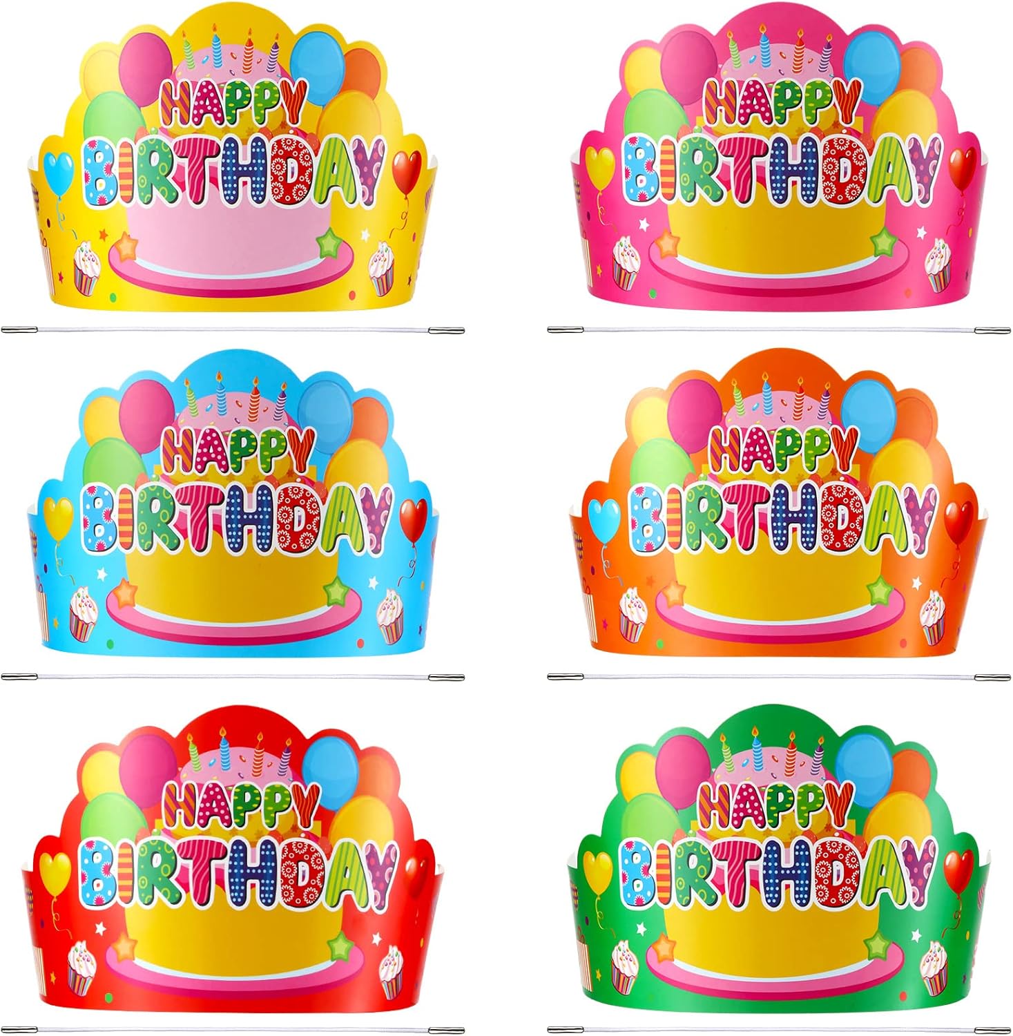 Yunsailing Happy Birthday Paper Crowns thirty-six piece front view showing vibrant cartoon graphics.