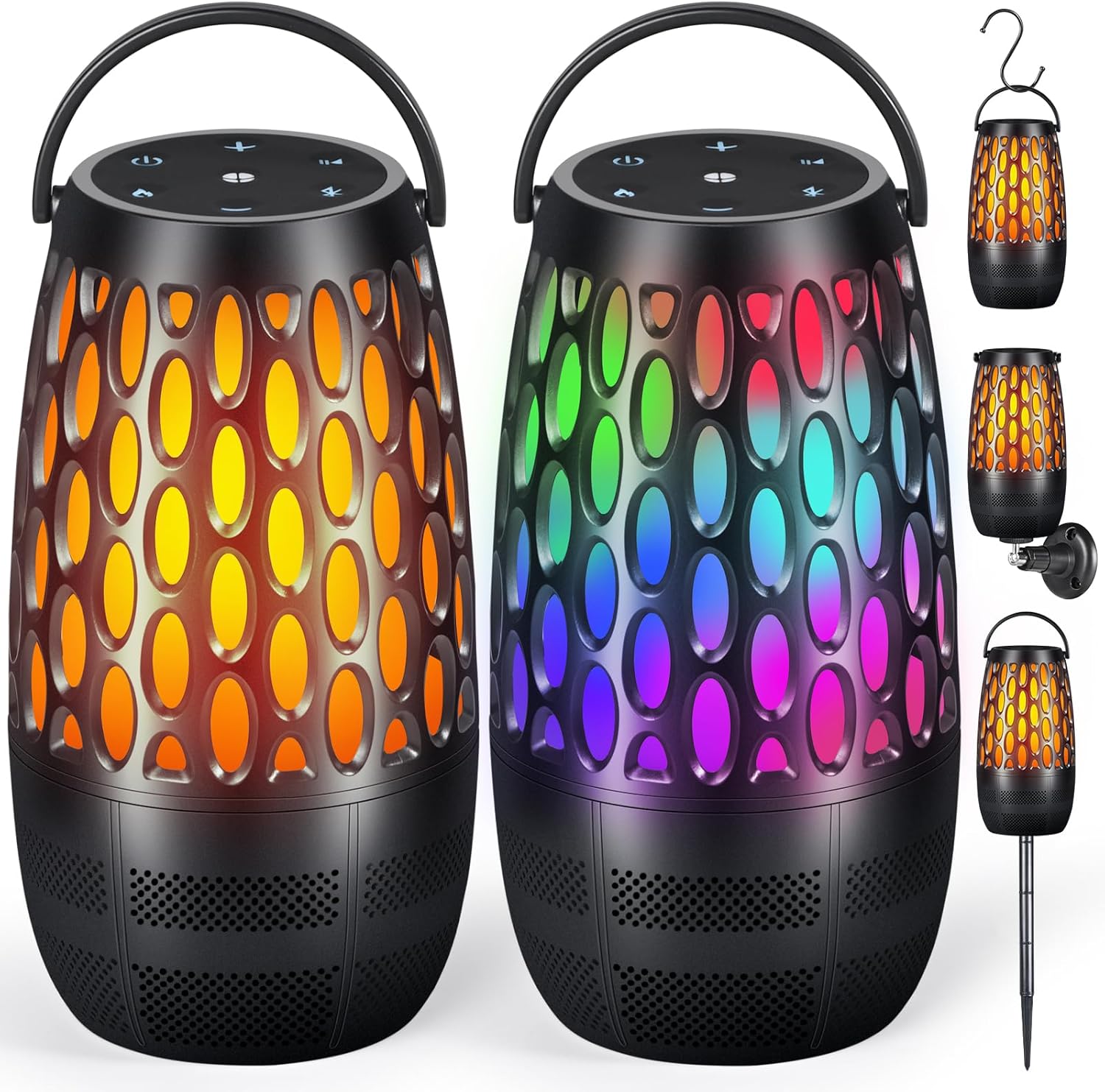 Dehikewell outdoor speakers front view with realistic orange LED flame light effect on a backyard patio tabletop.