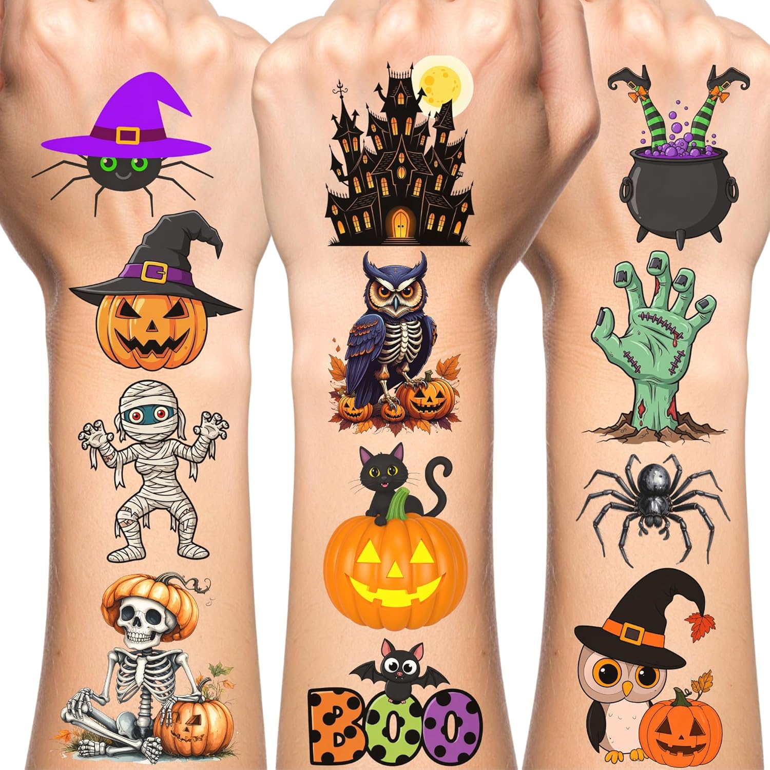 Backtopeia Halloween temporary tattoos front view featuring various spooky cartoon designs.