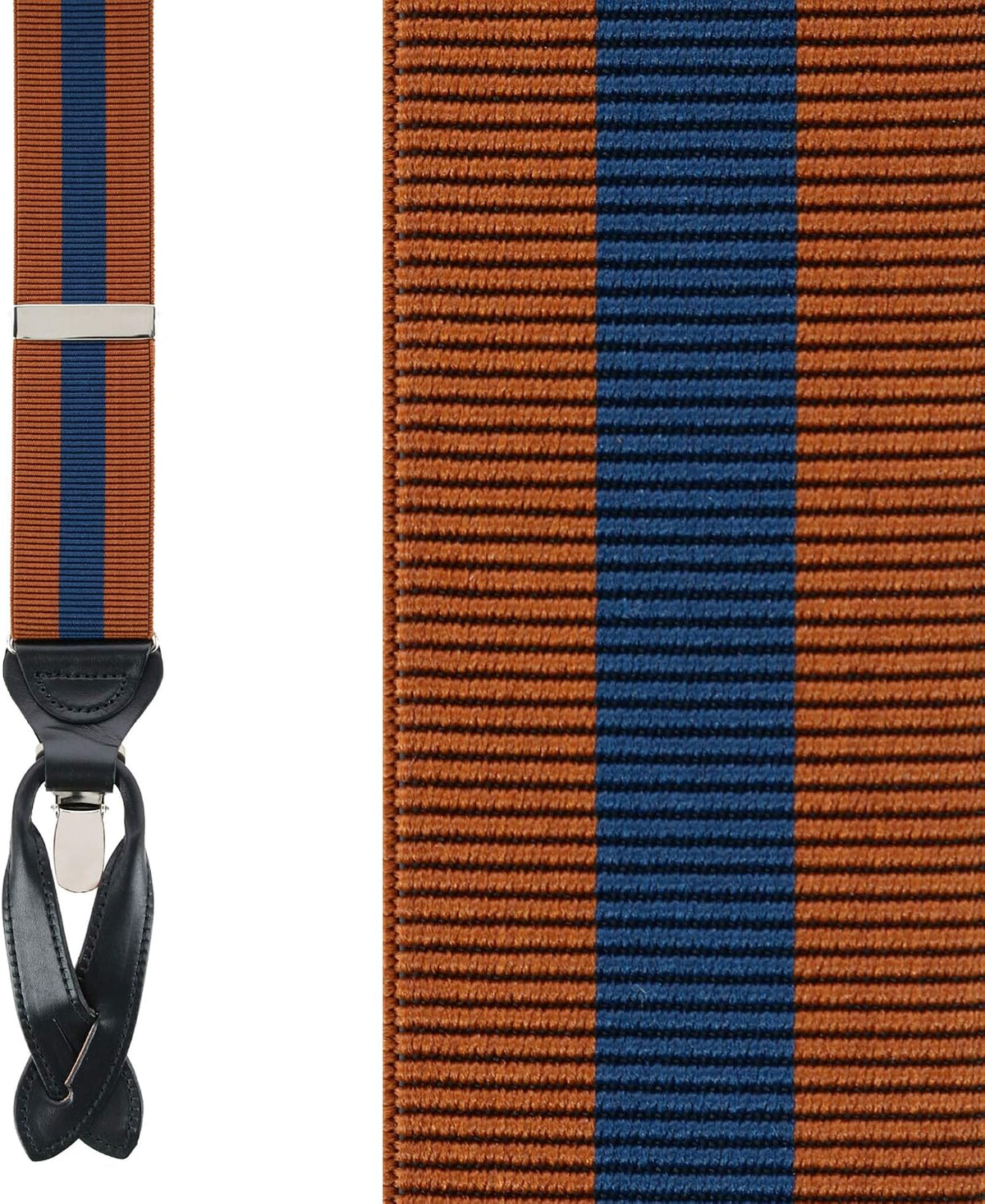 Close-up of Trafalgar Oliver Stripe convertible suspenders showing leather accents and metal adjusters.
