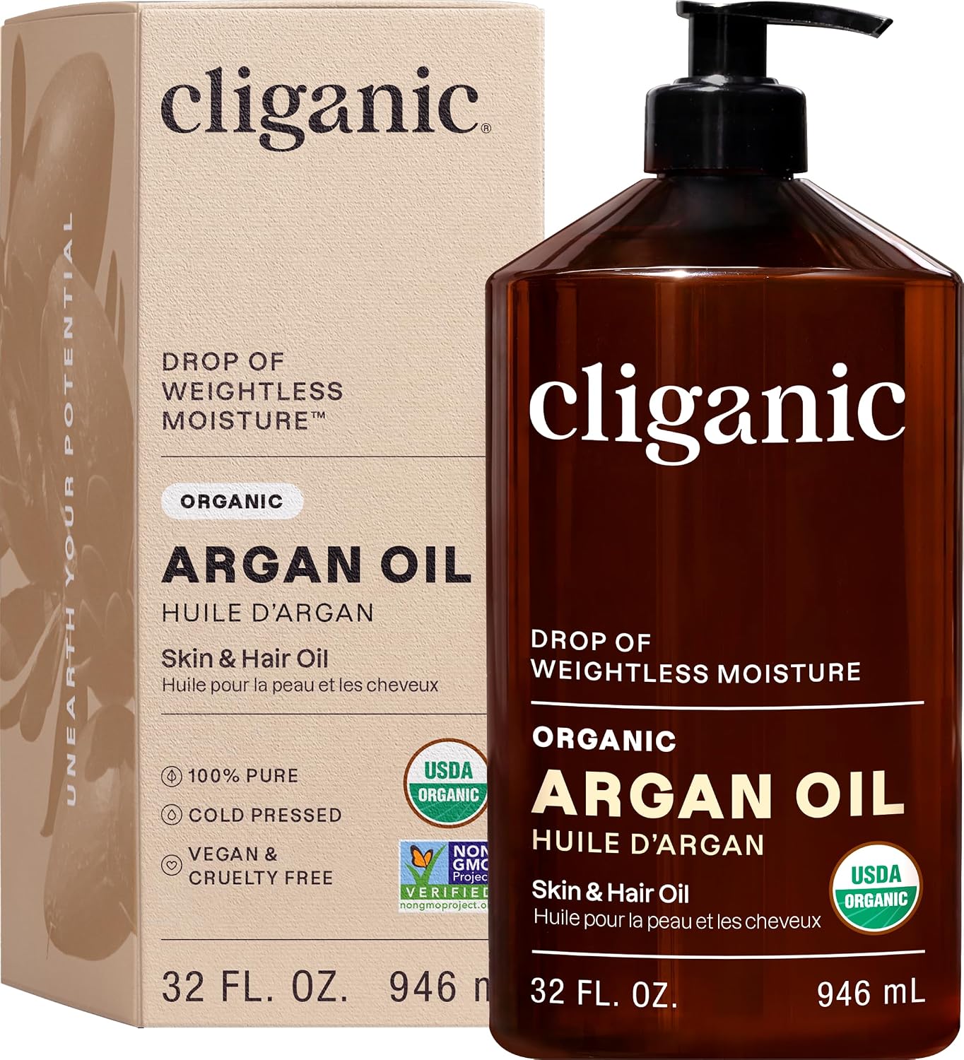 Cliganic Organic Argan Oil, 100% Pure - for Hair, Face & Skin | Cold Pressed Carrier Oil, 32 oz - Image 1