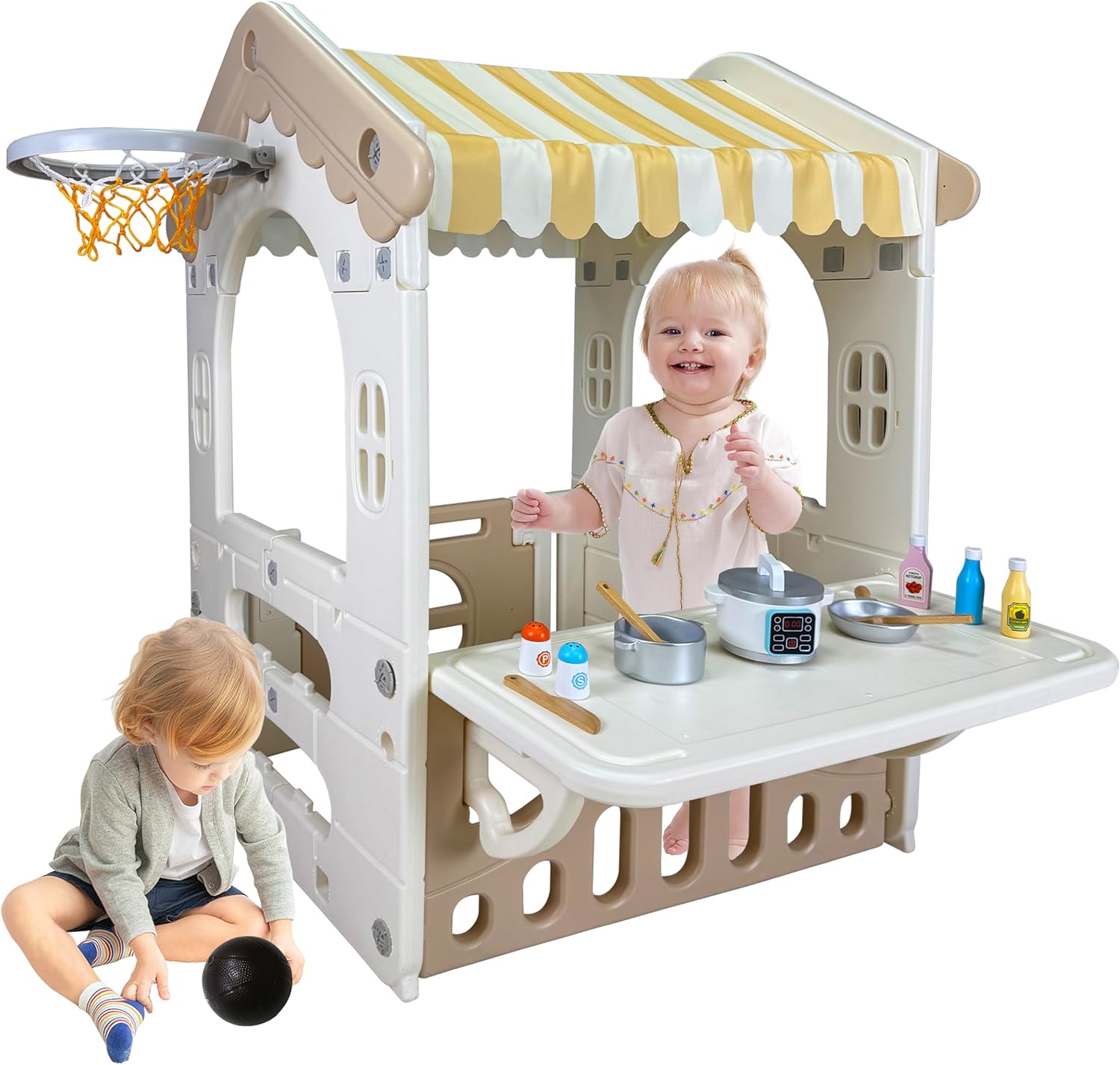 Goldshire Kids Cottage Playhouse front view featuring vibrant colors and working doors