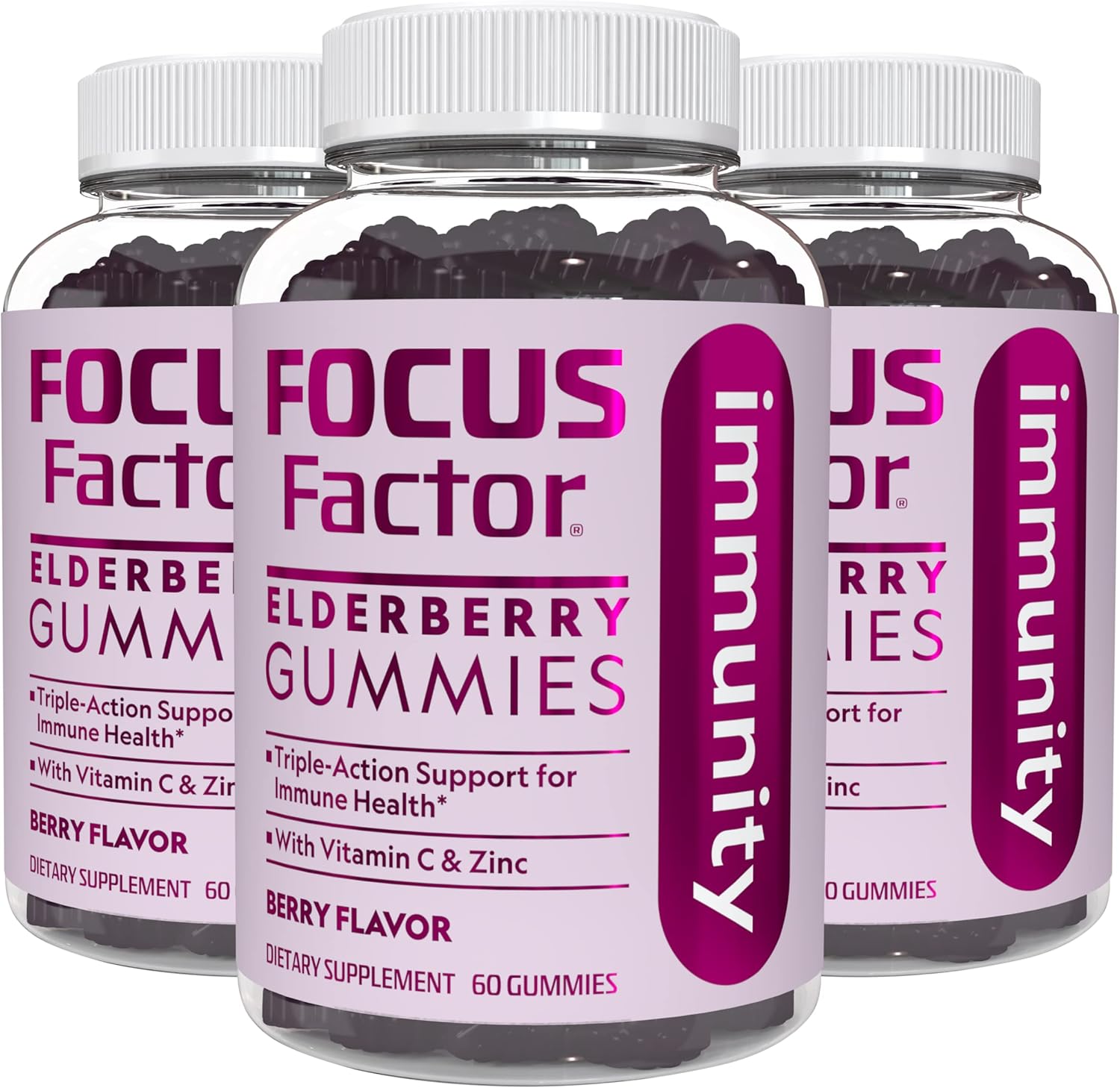 Focus Factor Elderberry Immunity Gummies with Zinc and Vitamin C for Daily Immune Support, 60 Count - Berry Flavor - Non-GMO, Gluten Free - No Artificial Flavors - (3 Pack) - Image 1