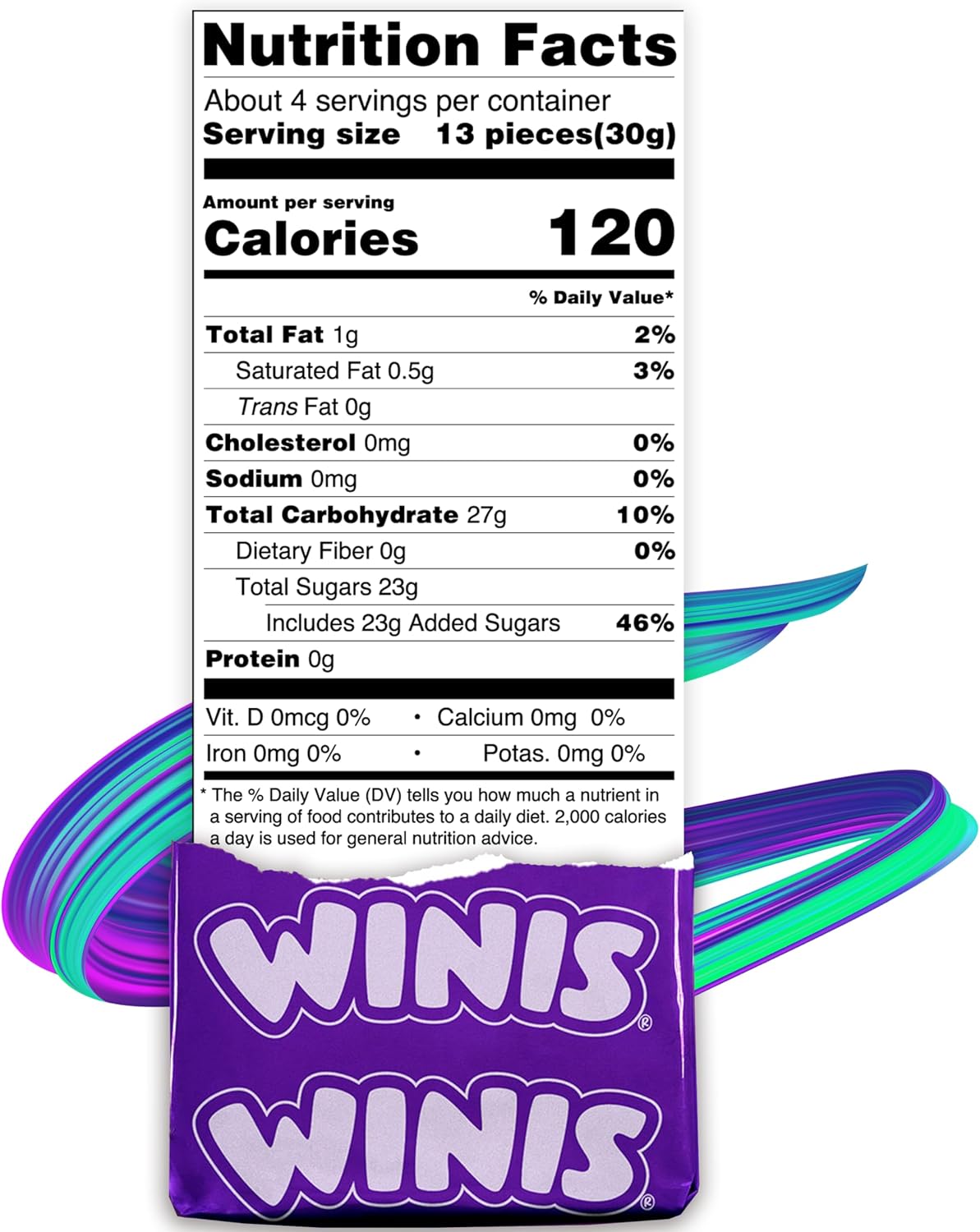 Winis 50 pieces fruit taffy assorted flavor packaging back view