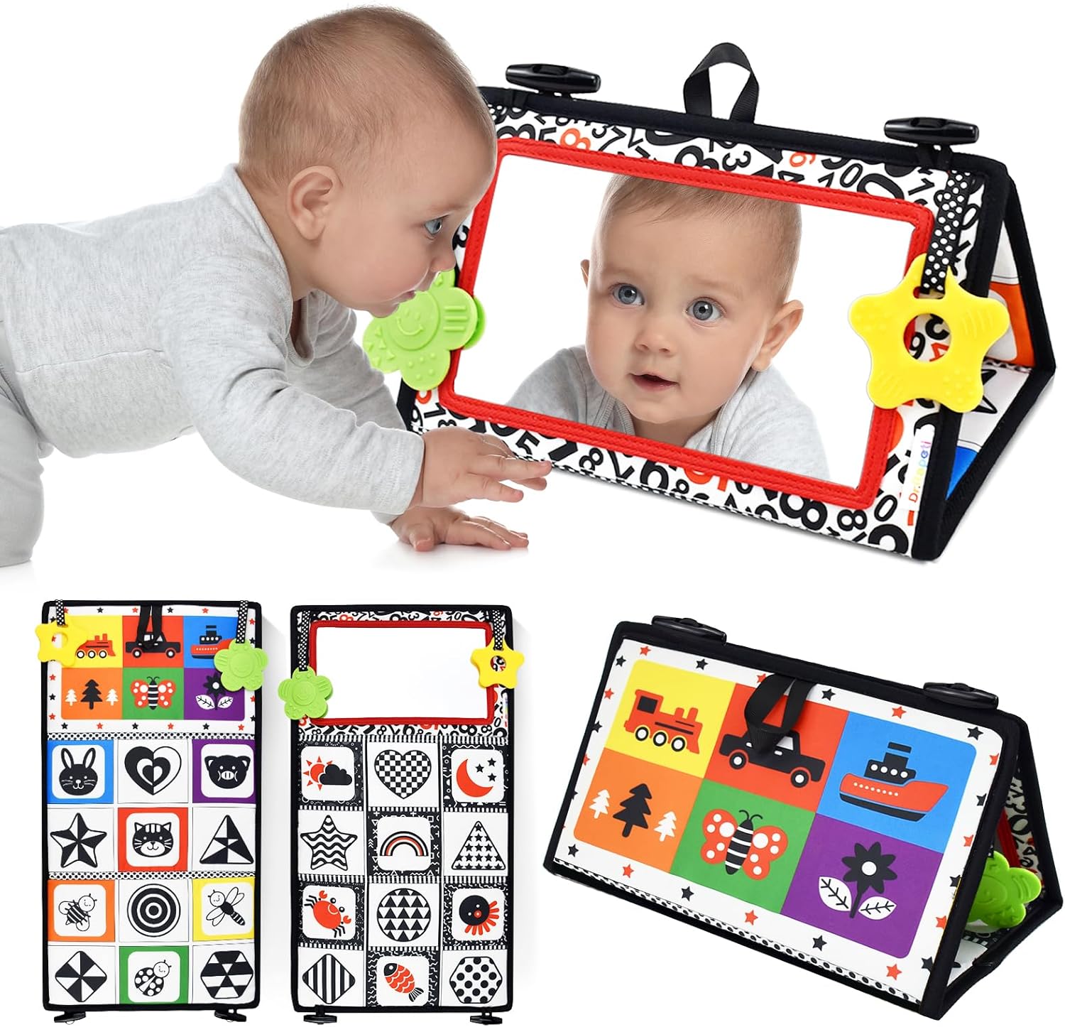 Dr.Rapeti Tummy Time Floor Mirror front view showing high contrast patterns