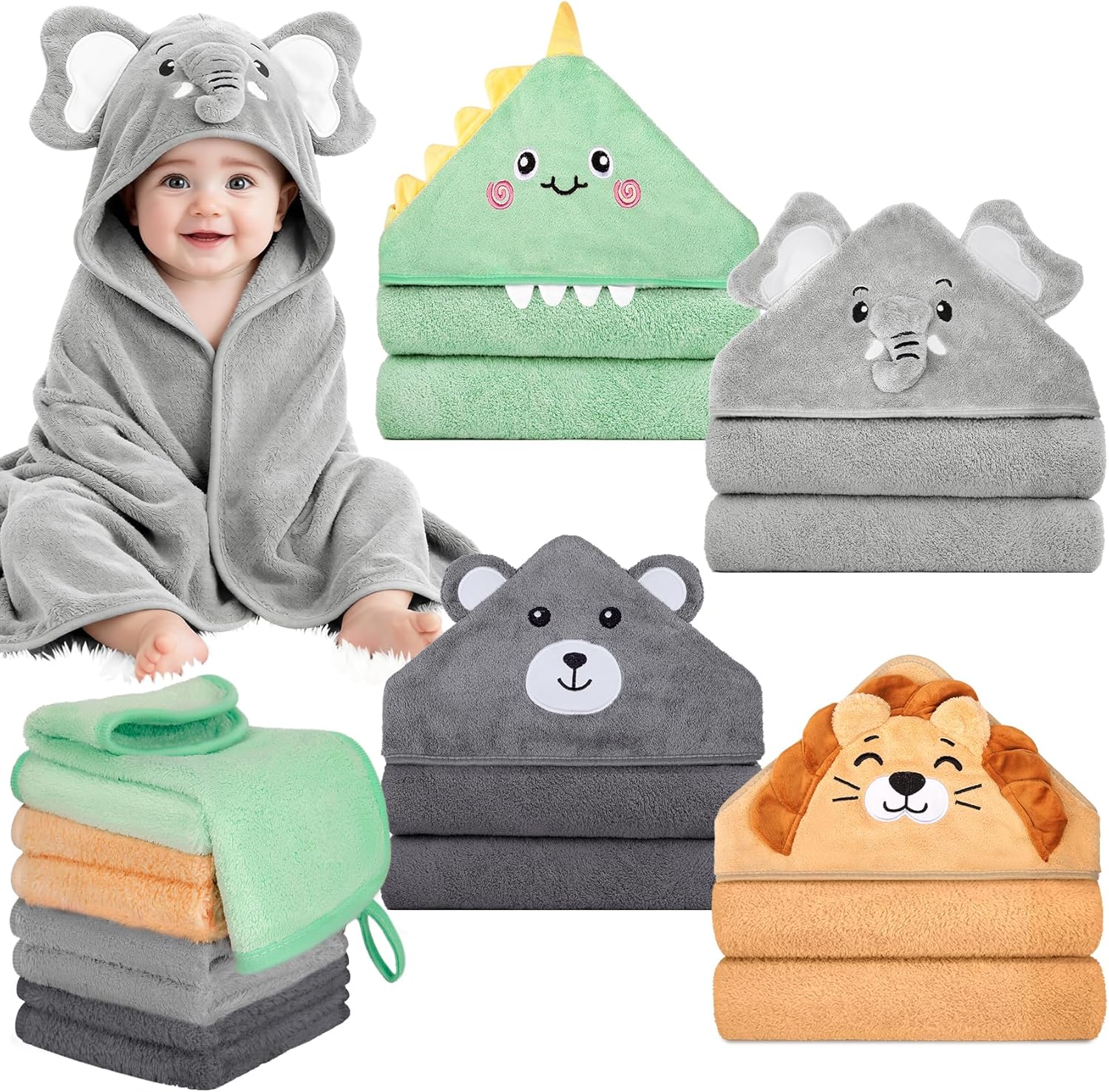 CandyHome 12 piece baby bath towel set with hooded animal towels