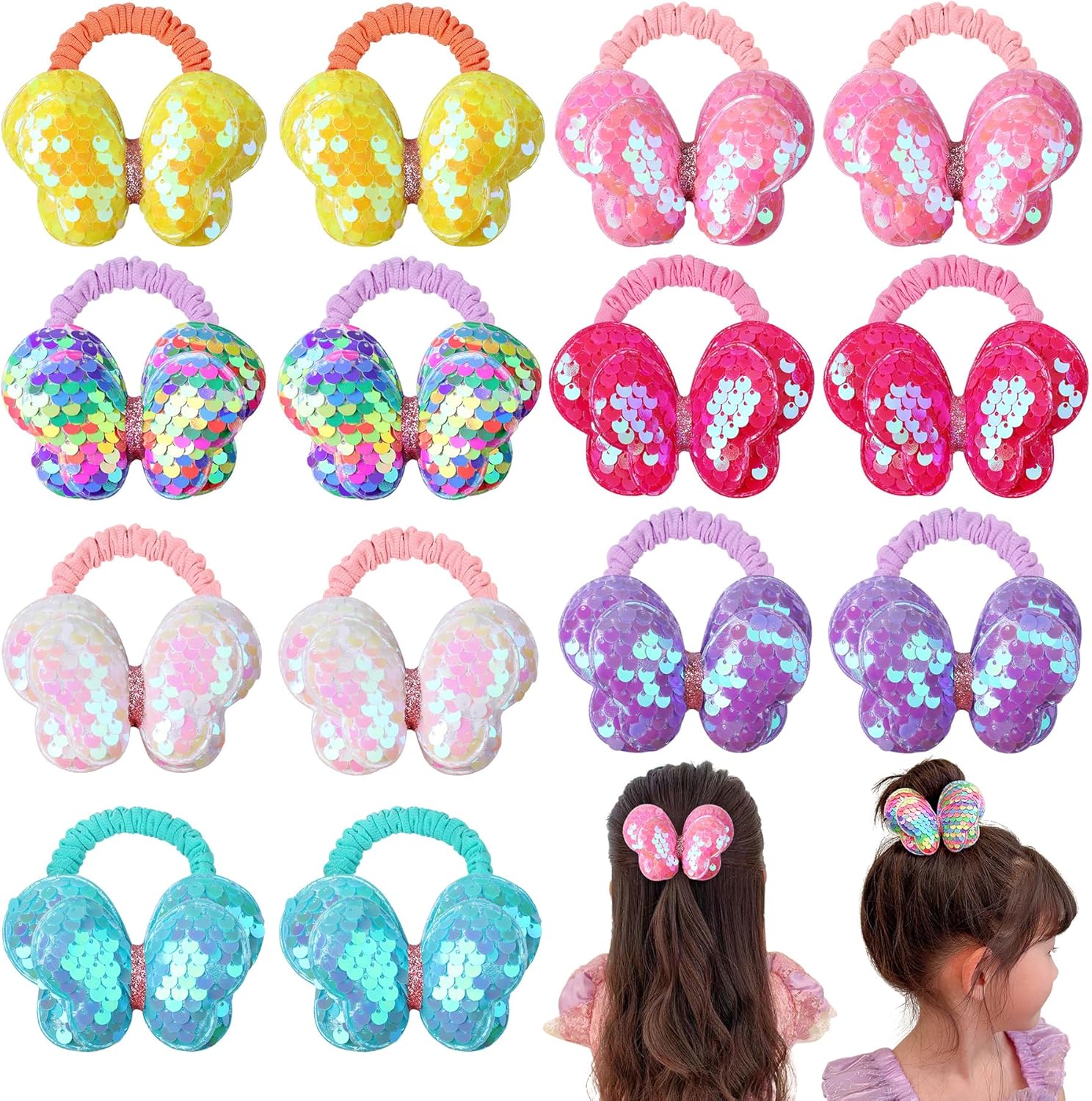 Rainbow Wsk glitter butterfly hair ties front view set