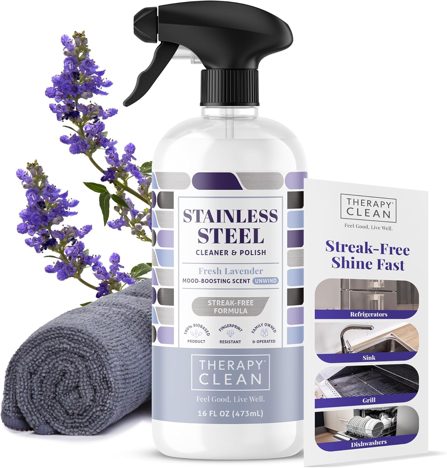 Therapy Premium Stainless Steel Cleaner and Polish front view 16 ounce bottle for kitchen appliances.