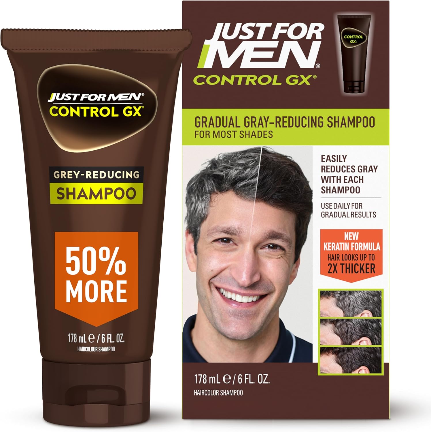 Just For Men Control GX Grey Reducing Shampoo front view bottle showing premium packaging.