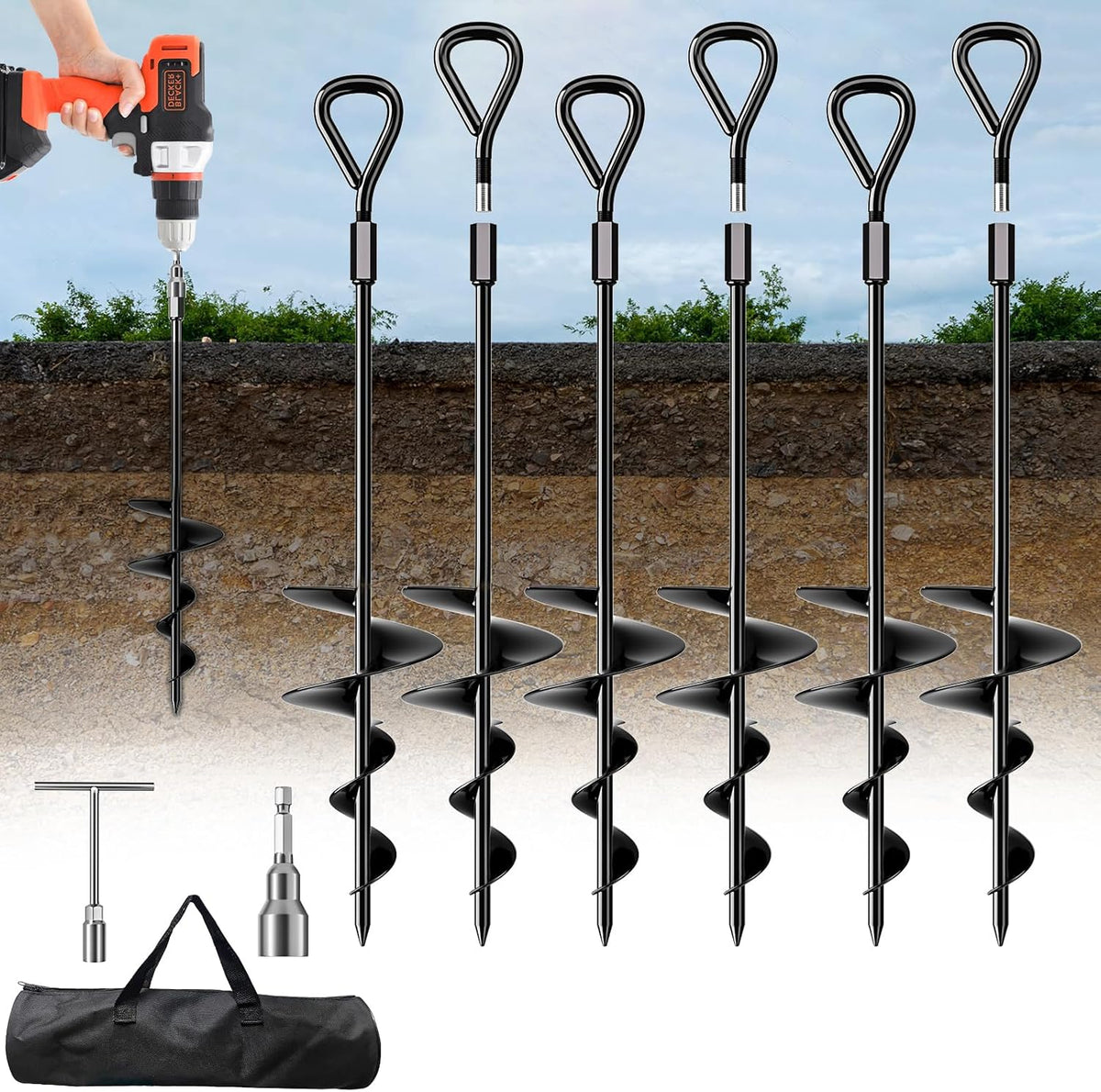 Phopich 18''/30" Long Ground Anchor, Heavy Duty Earth Anchors Ground Anchors Screw in Kit with T-Handle Hex Wrench for Camping Tent, Swing Sets, Securing Animals, Sheds, Trampoline - Image 10
